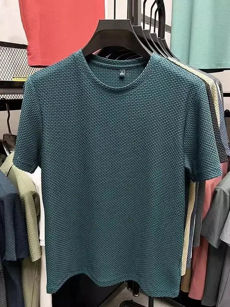 Men's slim fit Bamboo Ice Silk Mesh T-Shirt by Nova Mart, showcasing breathable fabric and modern design in a close-up view.
