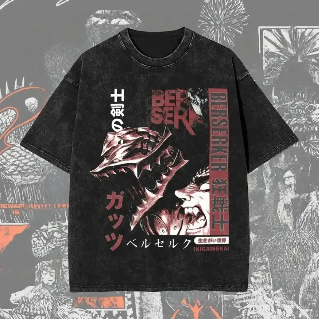 Men's Berserk anime graphic T-shirt in washed oversized streetwear style, featuring bold anime character design on soft fabric.