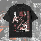 Men's Berserk anime graphic T-shirt in washed oversized streetwear style, featuring bold anime character design on soft fabric.