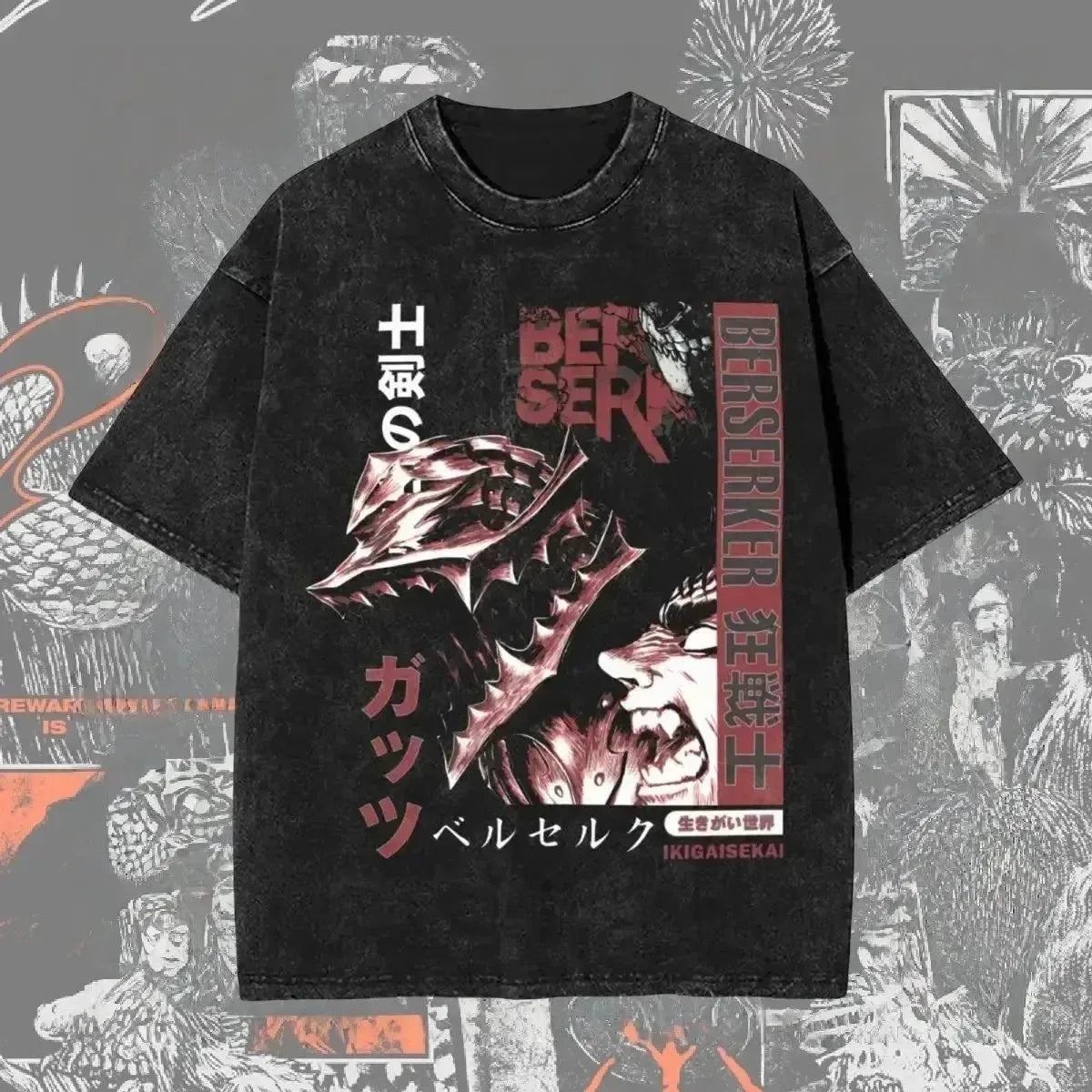 Men's Berserk anime graphic T-shirt in washed oversized streetwear style, featuring bold anime character design on soft fabric.