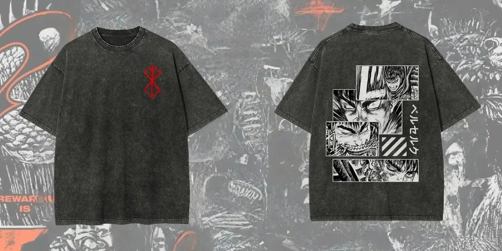 Men's Berserk anime graphic T-shirt by Nova Mart featuring a washed, oversized streetwear style with bold anime artwork.