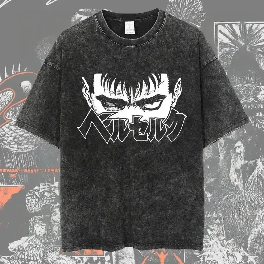 Men's Berserk anime graphic T-shirt by Nova Mart, oversized streetwear style with washed finish, featuring bold anime character print.