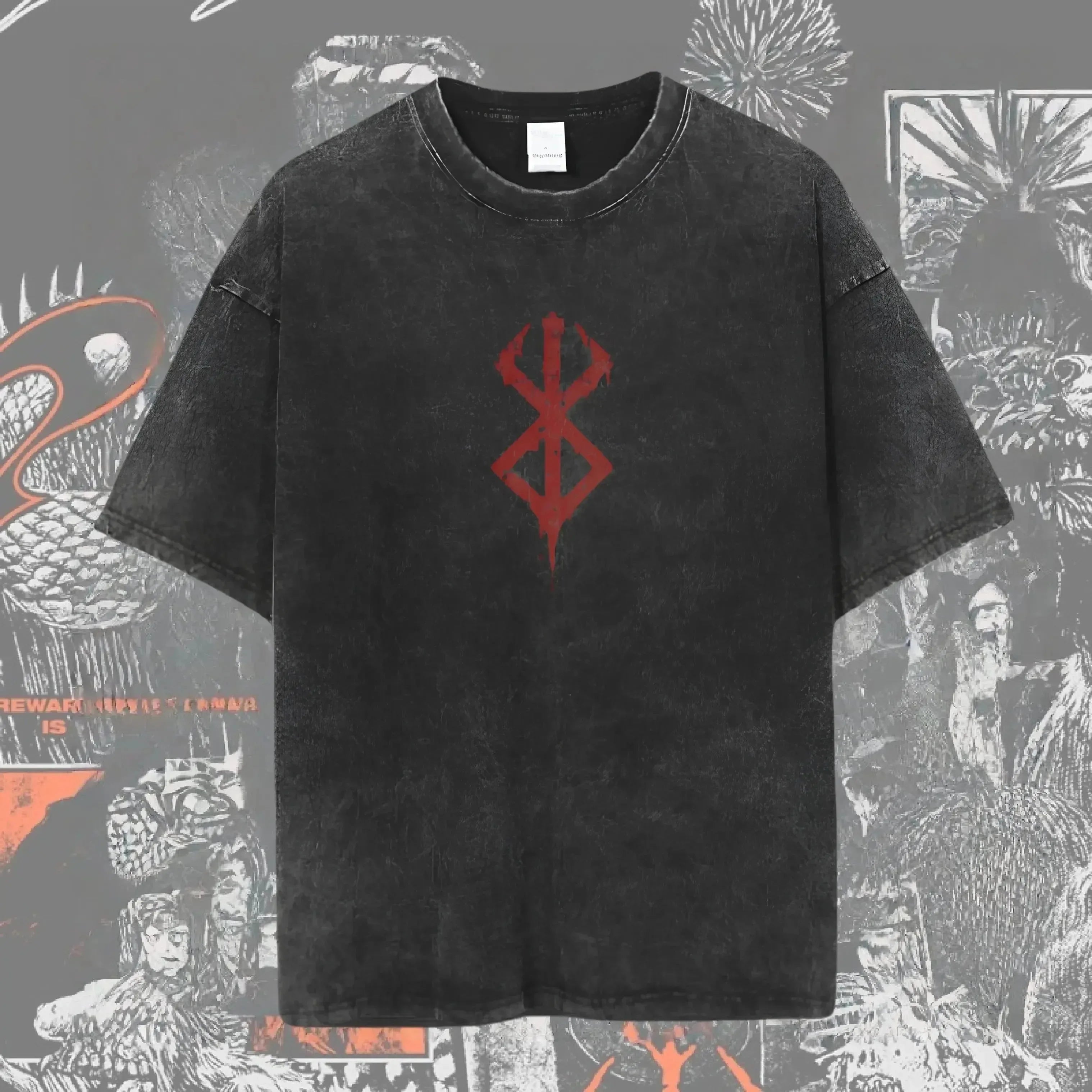 Men's Berserk anime graphic T-shirt by Nova Mart, washed oversized streetwear style with bold anime character print.