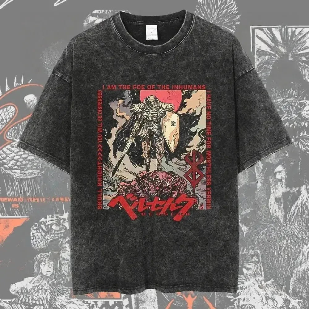 Men's Berserk anime graphic t-shirt by Nova Mart featuring a washed, oversized streetwear style with bold anime artwork.