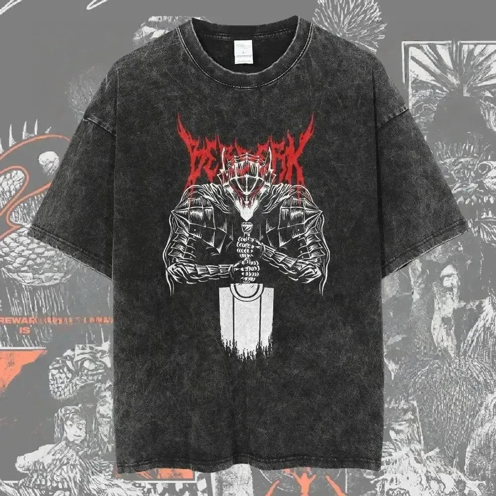 Men's Berserk anime graphic T-shirt in washed oversized streetwear style, featuring bold illustration on soft fabric.