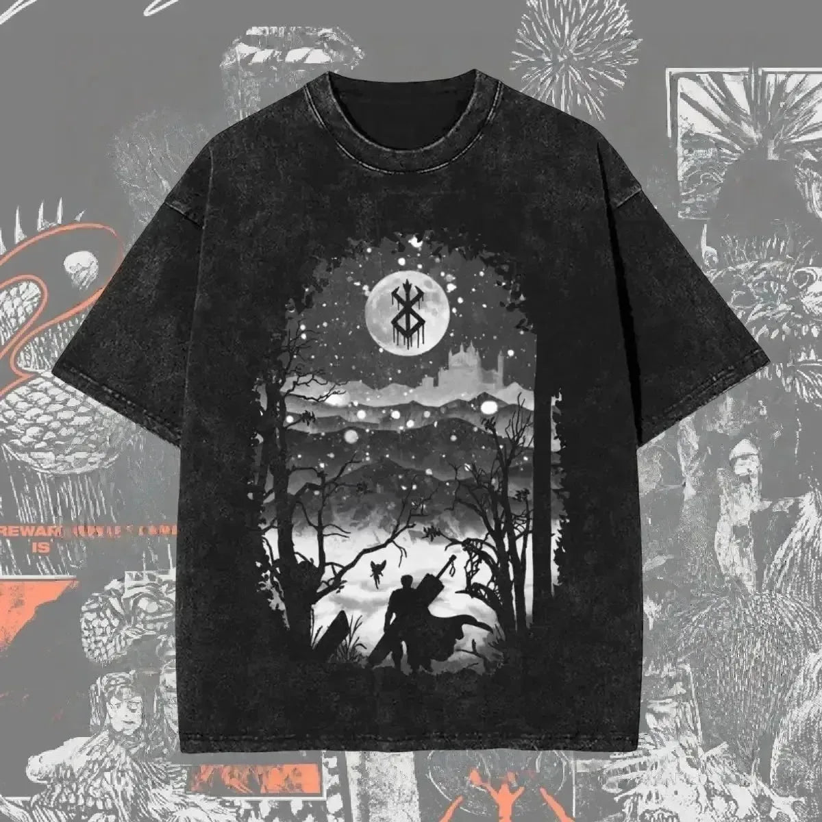 Men's Berserk anime graphic T-shirt by Nova Mart, oversized streetwear style with washed fabric and bold anime design.