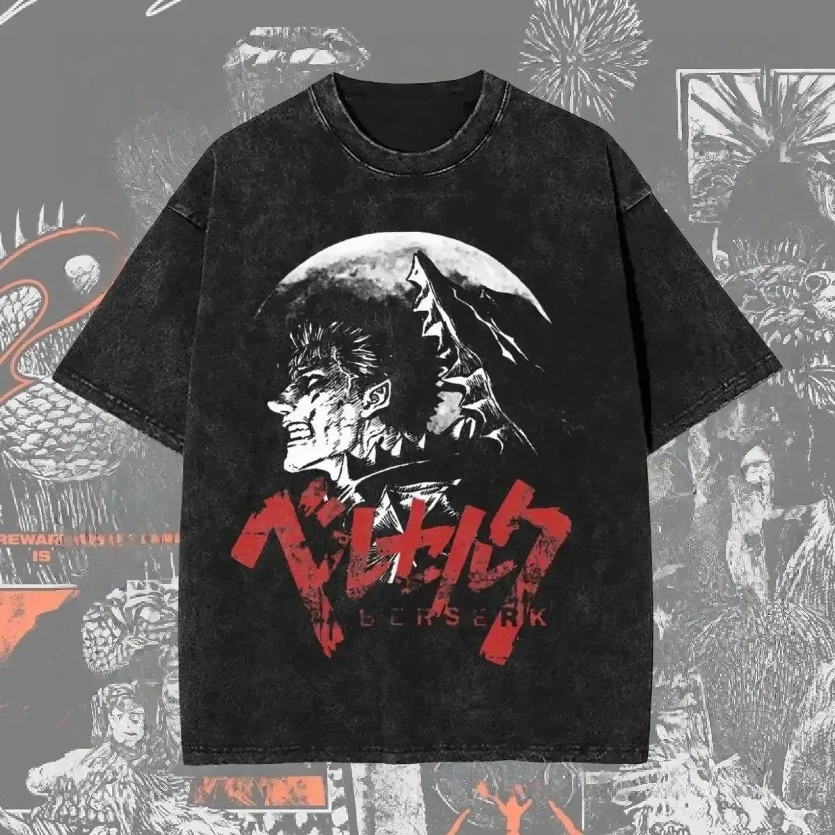 Men's Berserk anime graphic T-shirt by Nova Mart, oversized streetwear style, washed fabric, featuring bold anime character print.