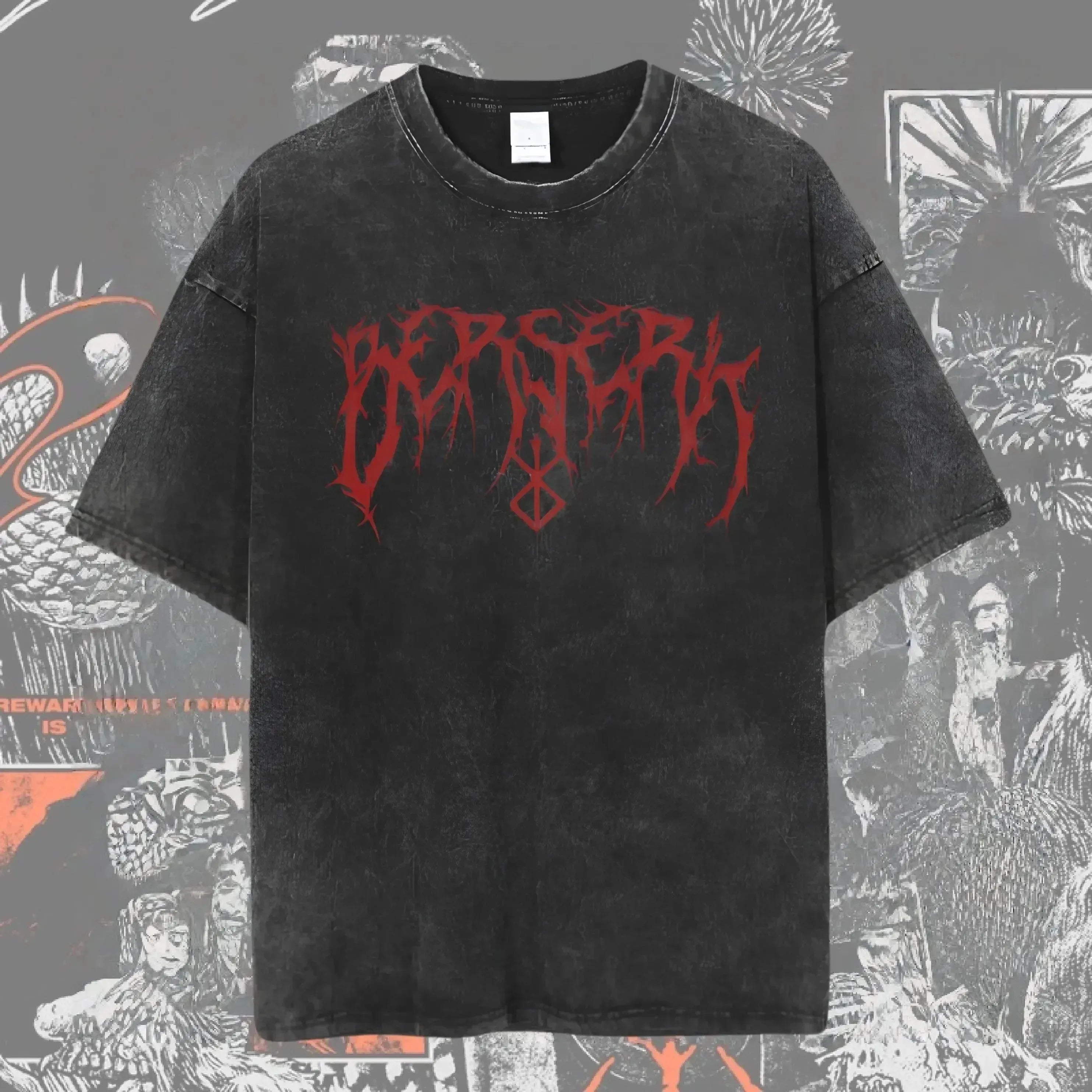 Men's Berserk anime graphic T-shirt by Nova Mart featuring an oversized washed streetwear style with bold anime artwork.
