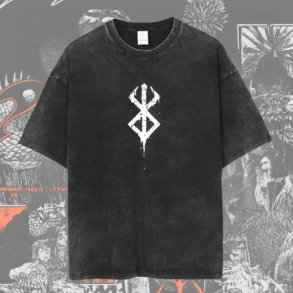Men's Berserk anime graphic T-shirt in washed oversized streetwear style, featuring bold character artwork on the front.