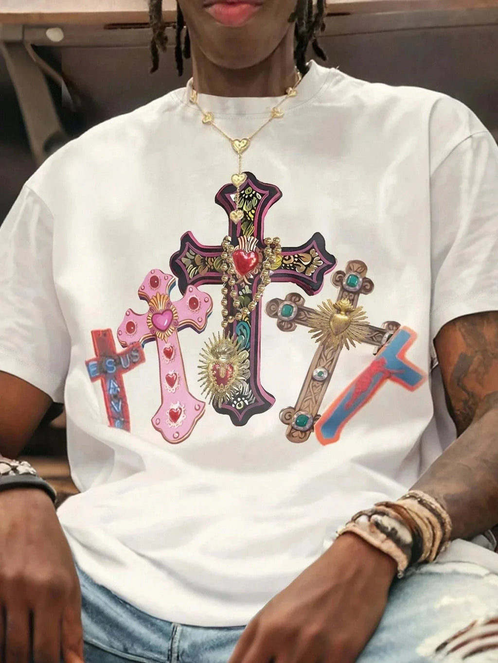 Men's vintage streetwear T-shirt featuring a Cross Jesus graphic, crew neck design by Nova Mart in men's fashion style.