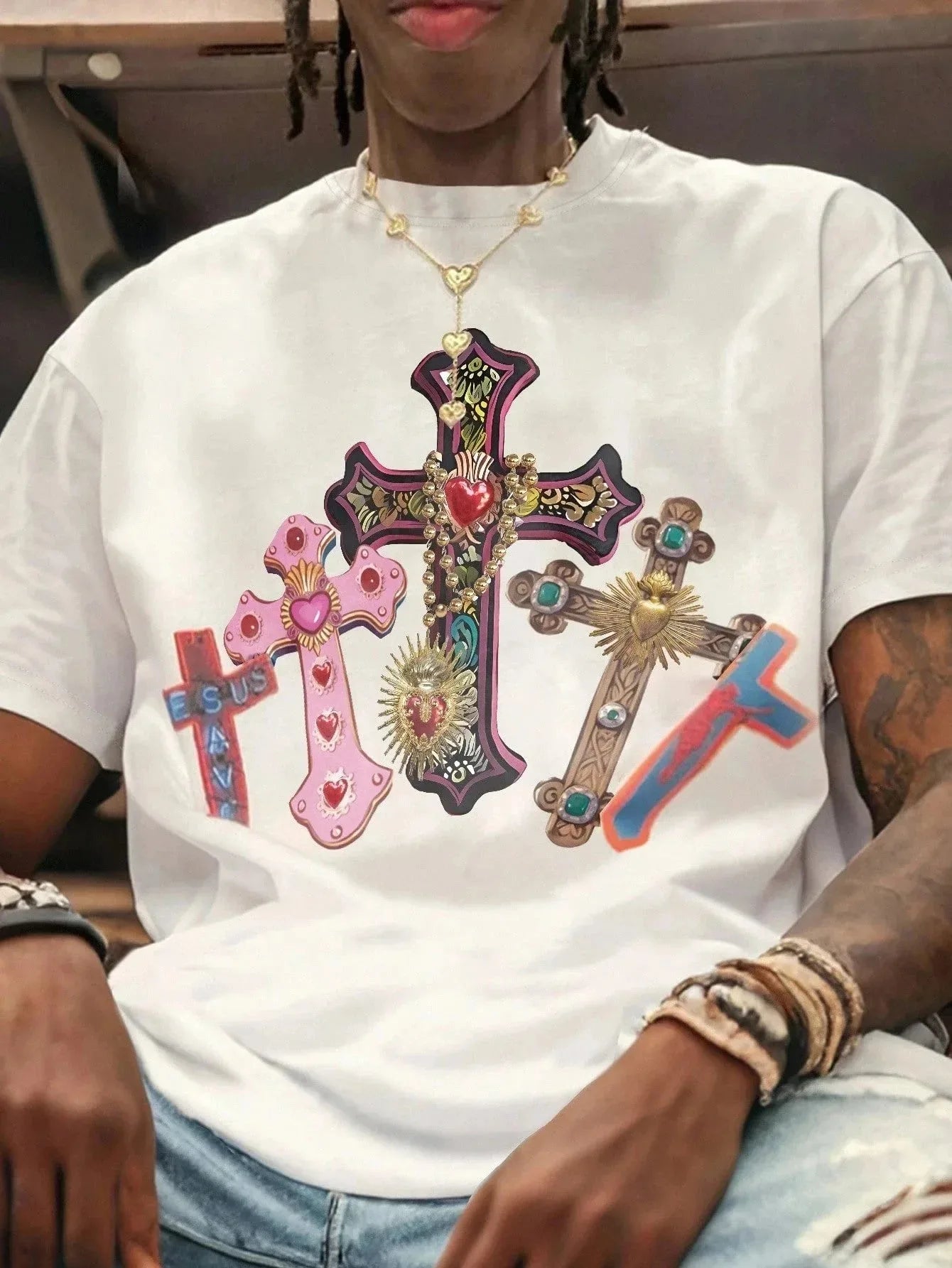Men's vintage streetwear T-shirt featuring a Cross Jesus graphic, crew neck design by Nova Mart in men's fashion style.