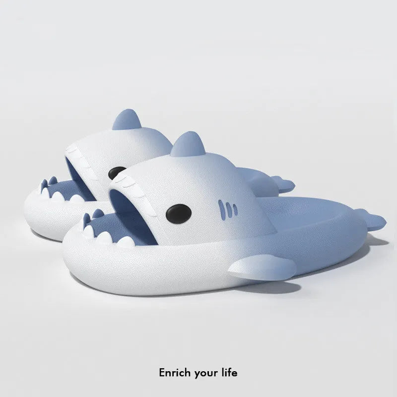 Men's gradient shark slippers by Nova Mart, non-slip bathroom shoes with colorful shark design and cushioned sole.