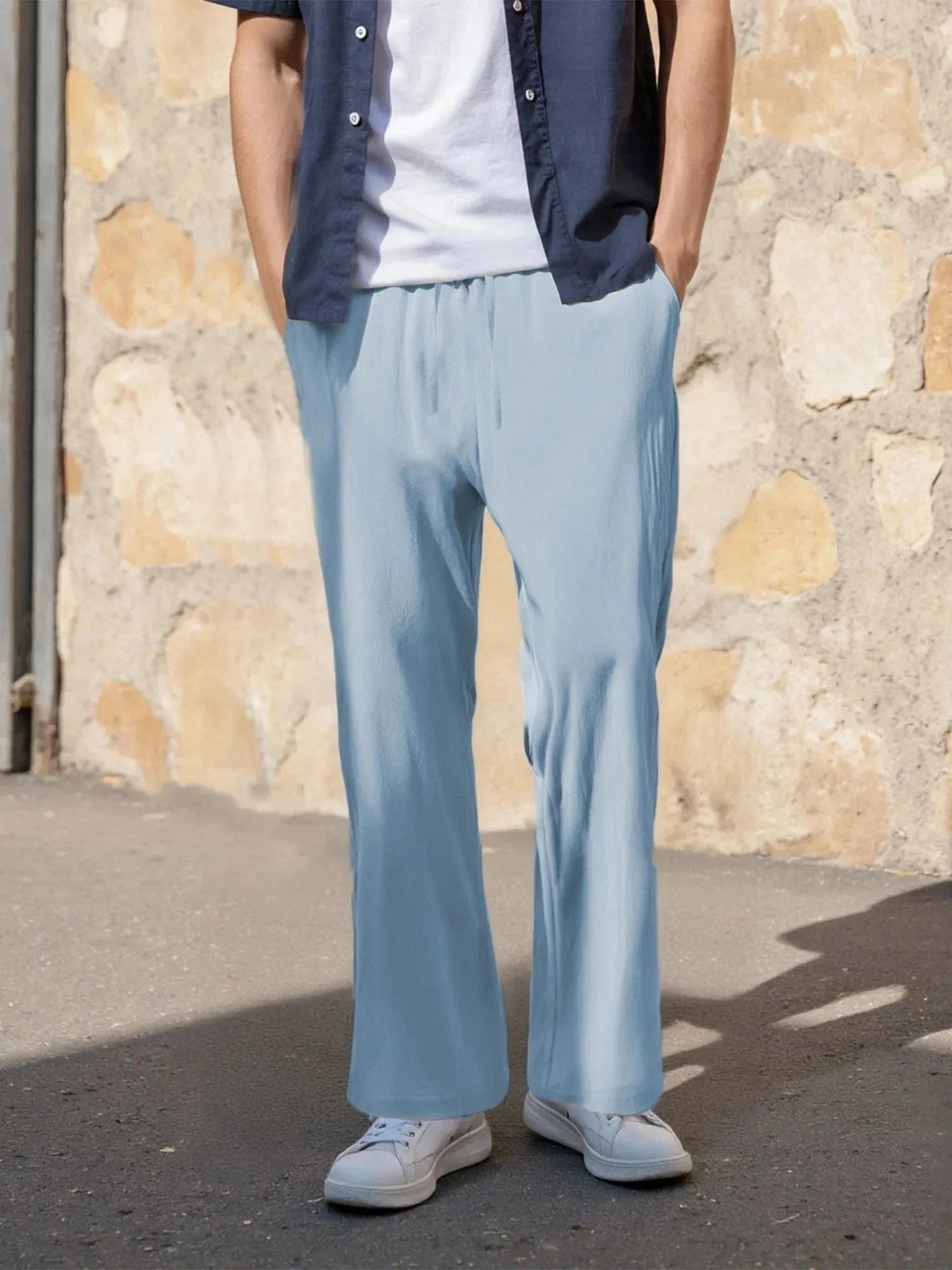 Men's linen blend pants with elastic waist and relaxed fit, ideal for beach casual wear by Nova Mart.