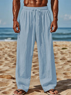Men's linen blend pants by Nova Mart featuring an elastic waist, relaxed fit, perfect for beach casual and summer wear.