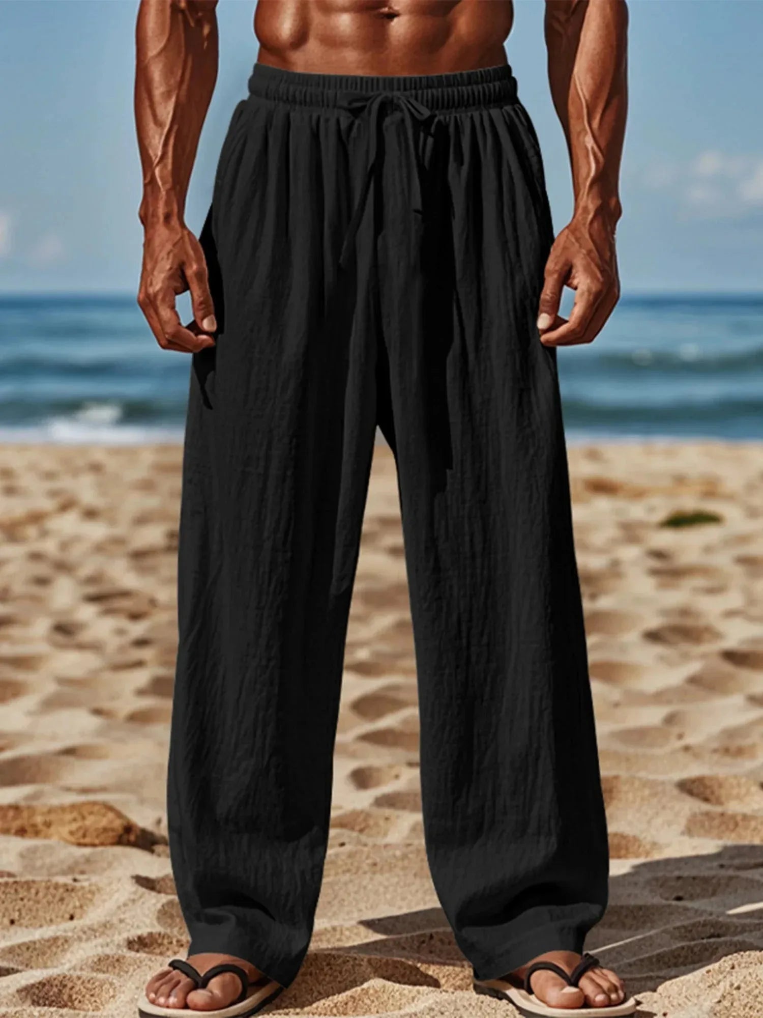 Men's linen blend pants with elastic waistband, relaxed fit, casual beach style, from Nova Mart.