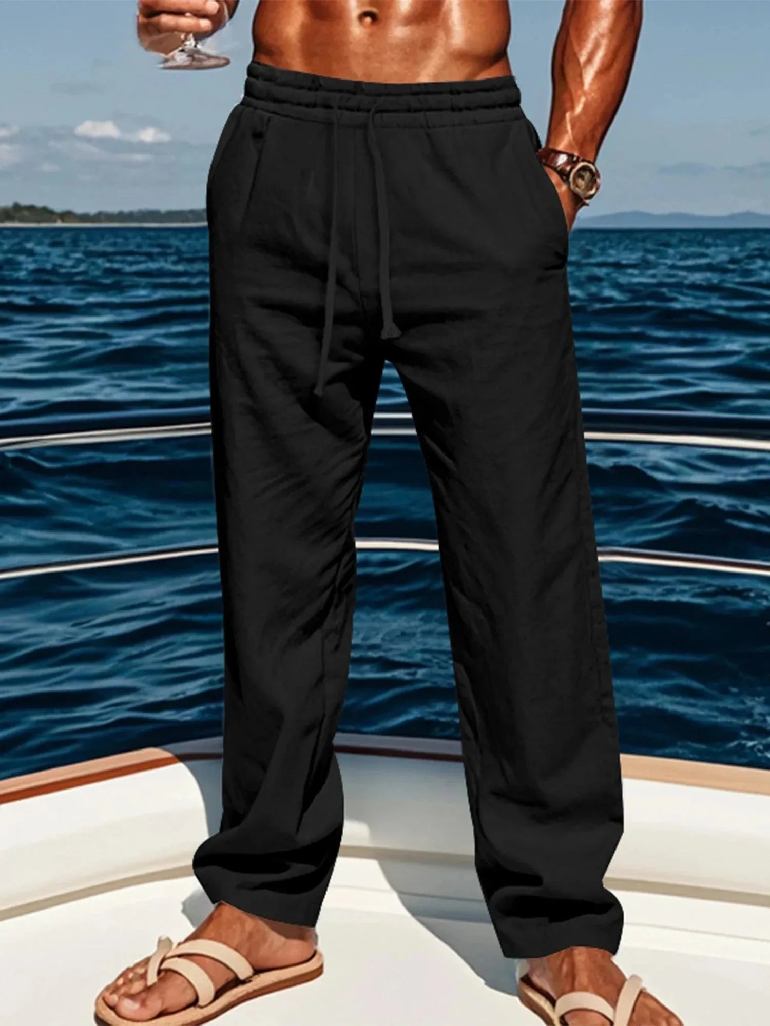 Men's linen blend pants with elastic waist and relaxed fit, casual beach style, by Nova Mart.