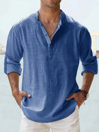 Men's linen stand collar shirt by Nova Mart, loose fit long sleeve men's fashion top with breathable fabric and casual style.