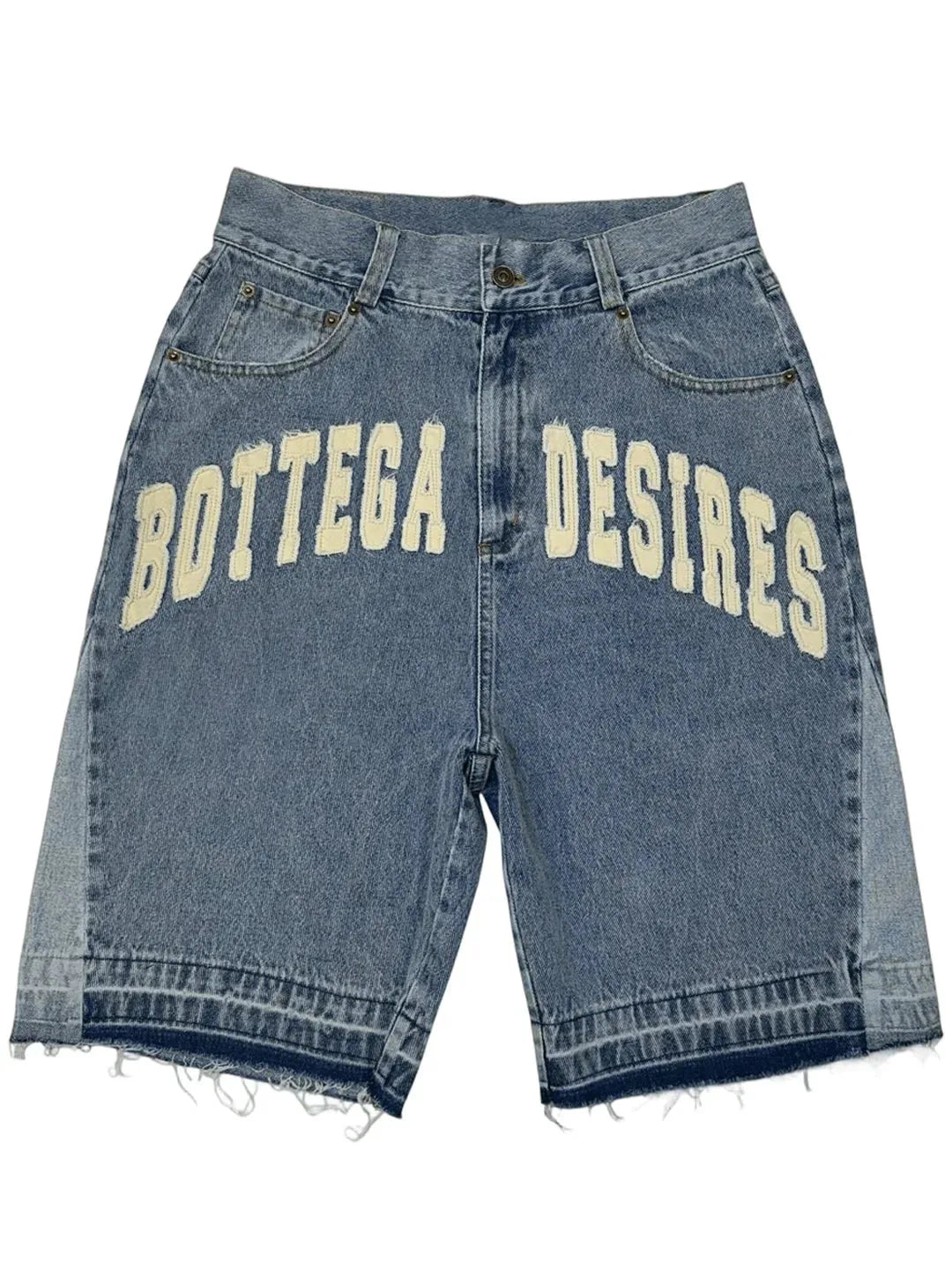 Men's loose denim shorts with retro letter print and street style design by Nova Mart, shown in a casual fashion image.