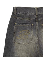 Men's loose denim shorts with retro letter print, street style, by Nova Mart, featuring casual fit and stylish design.