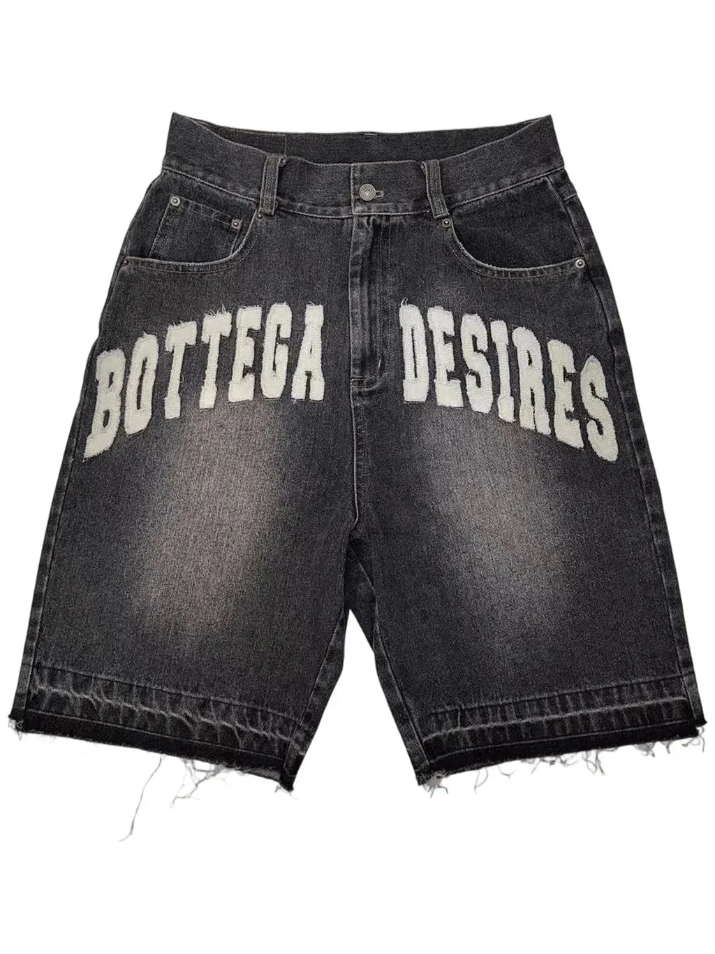 Men's loose denim shorts with retro letter print, street style fashion by Nova Mart, shown with casual fit and distressed details.