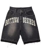 Men's loose denim shorts with retro letter print, street style fashion by Nova Mart, shown with casual fit and distressed details.