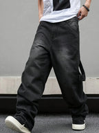 Men's Nova Mart micro flared wide-leg jeans with loose straight fit and pleated denim detail, displayed on a model.