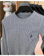 Men's knitted sweater with pony embroidery, round neck pullover in men's fashion by Nova Mart, featuring detailed embroidery on the front.