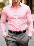 Men's red formal dress shirt with long sleeves from Nova Mart, featuring a crisp collar and button front for stylish men's fashion.