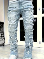 Men's straight-leg Jacquard denim jeans by Nova Mart featuring detailed woven pattern, perfect for hip-hop streetwear style.