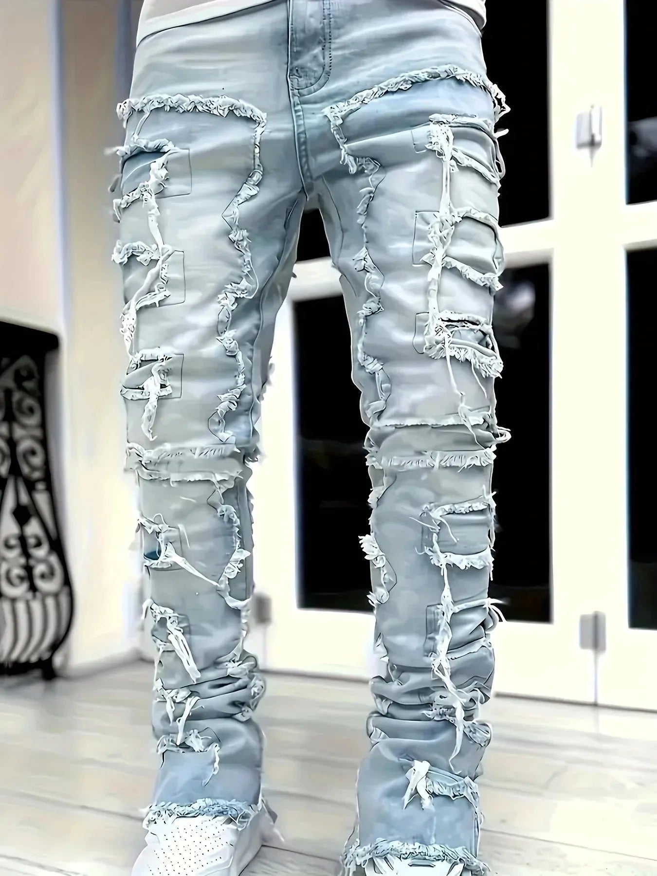 Men's straight-leg Jacquard denim jeans by Nova Mart featuring detailed woven pattern, perfect for hip-hop streetwear style.