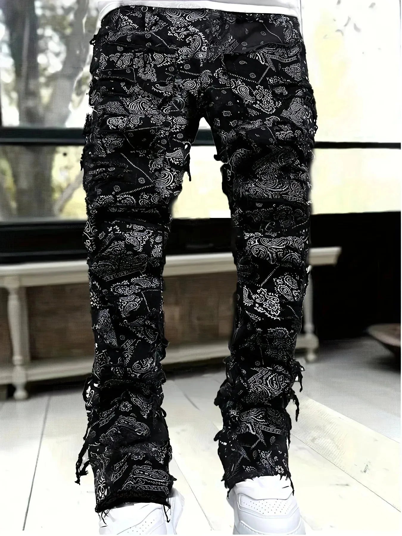 Men's Straight-Leg Jacquard Denim Jeans by Nova Mart, showcasing detailed pattern and classic fit in streetwear style.