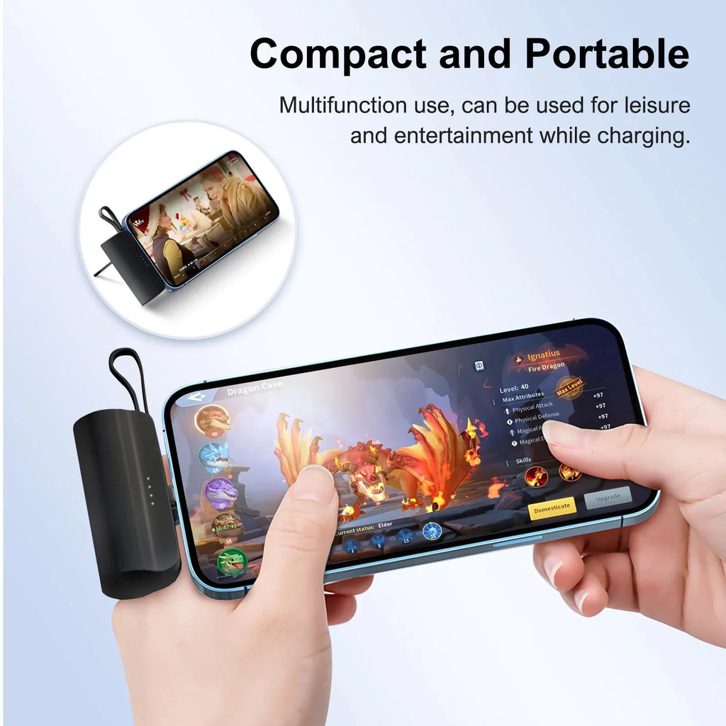 Mini Capsule Power Bank 4500mAh with dual USB-C ports, compatible with iPhone and Android devices, by Nova Mart.