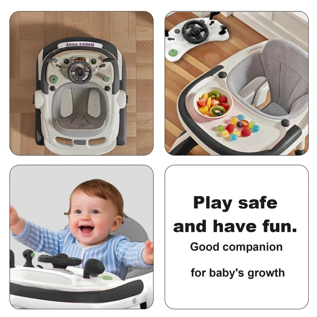 Nova Mart multifunctional baby walker with sunshade, cushioned seat, and built-in music for safe, engaging toddler mobility.