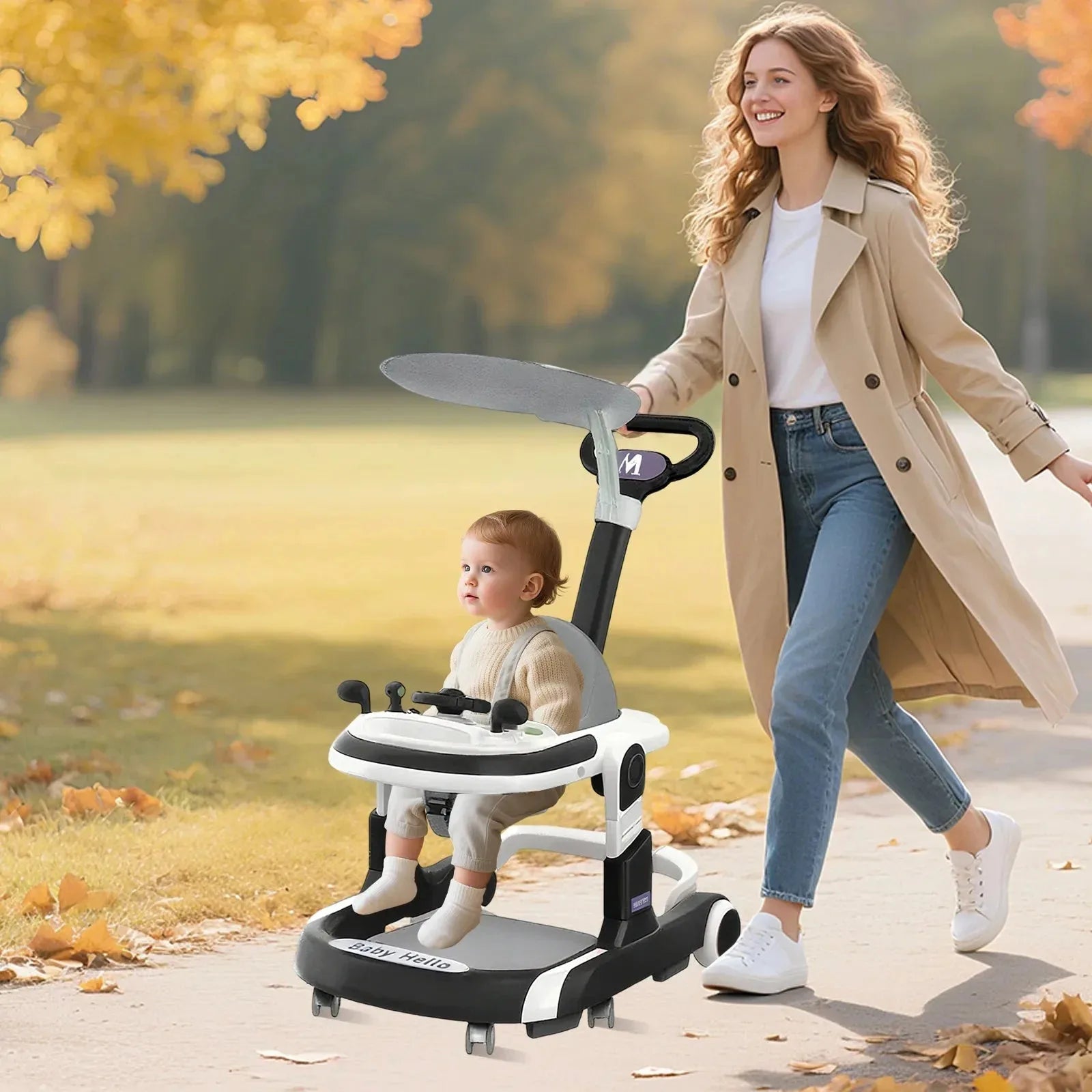 Nova Mart multifunctional baby walker with sunshade, comfortable seat, and built-in music for engaging play and mobility.