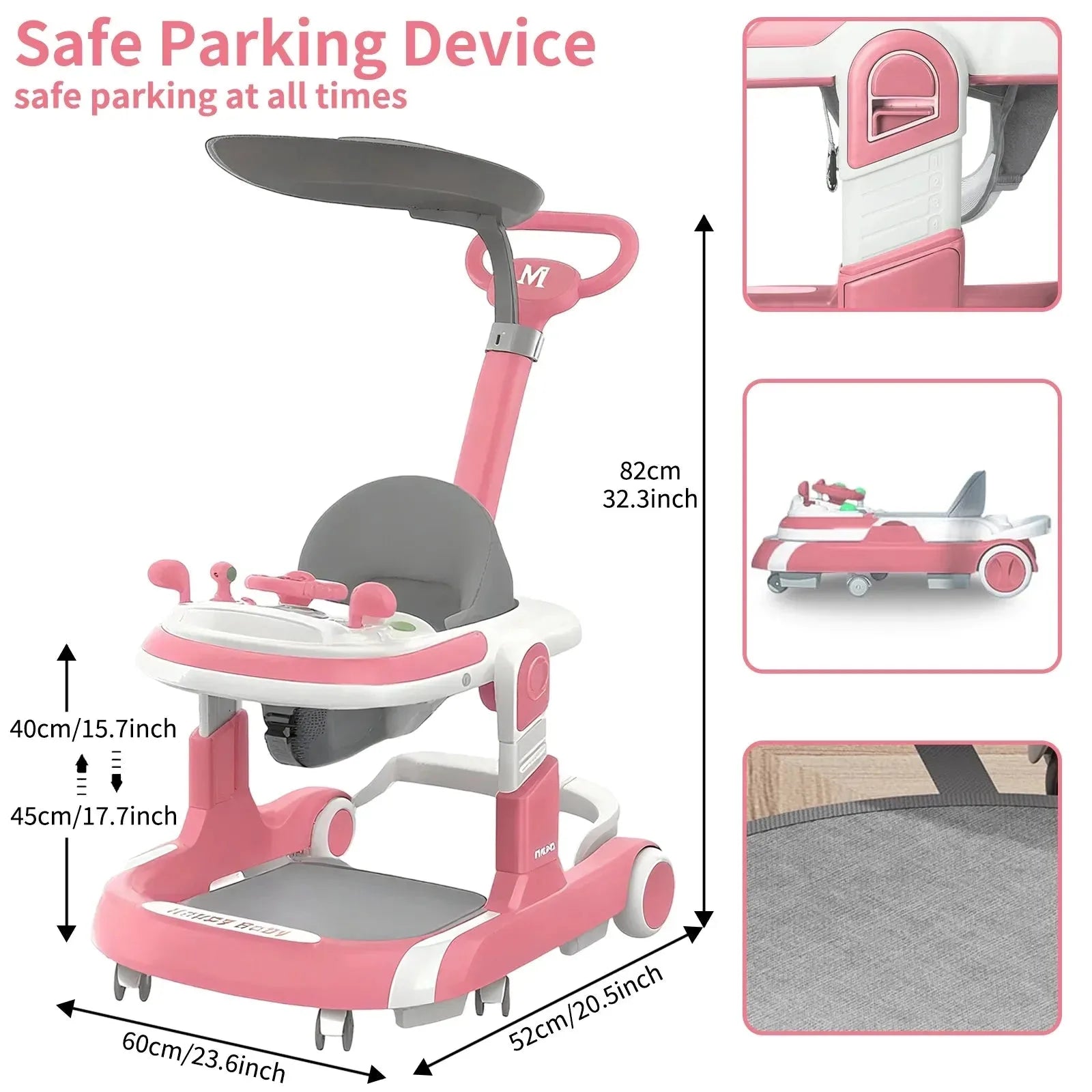 Baby walker with sunshade, seat, and music features by Nova Mart, showing the colorful walker with safety straps and interactive toys.