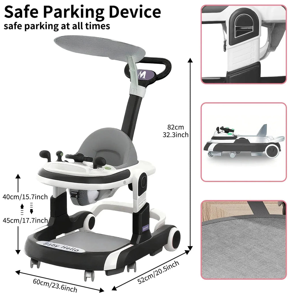 Nova Mart multifunctional baby walker with sunshade, cushioned seat, and music features, ideal for helping babies learn to walk.