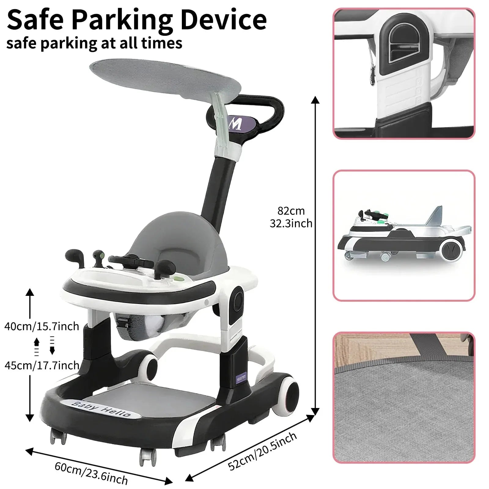 Nova Mart multifunctional baby walker with sunshade, cushioned seat, and music features, ideal for helping babies learn to walk.