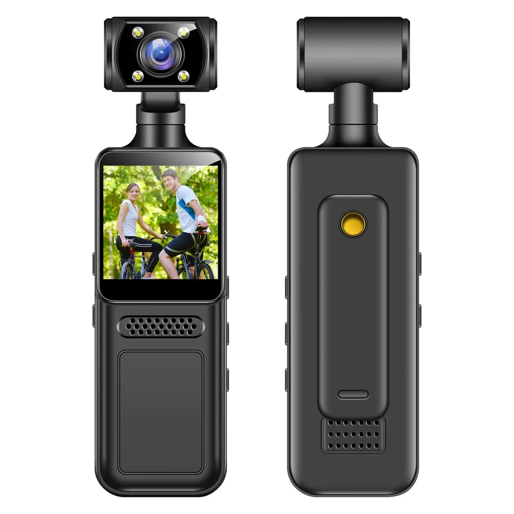 Nova Market 1080P HD mini handheld video recorder with 360° rotatable dual camera and gimbal stabilizer for smooth footage.