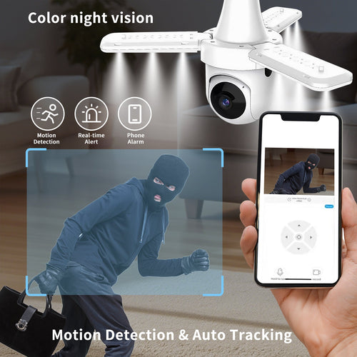 3-Leaf Fan Light Bulb Security Camera, 1080P HD WiFi Remote Monitor, Easy Installation No Wiring, Night Vision Motion Detection For Home & Shop