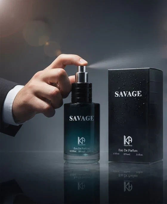 Hand spraying 'Savage' perfume with the product and packaging on a dark background