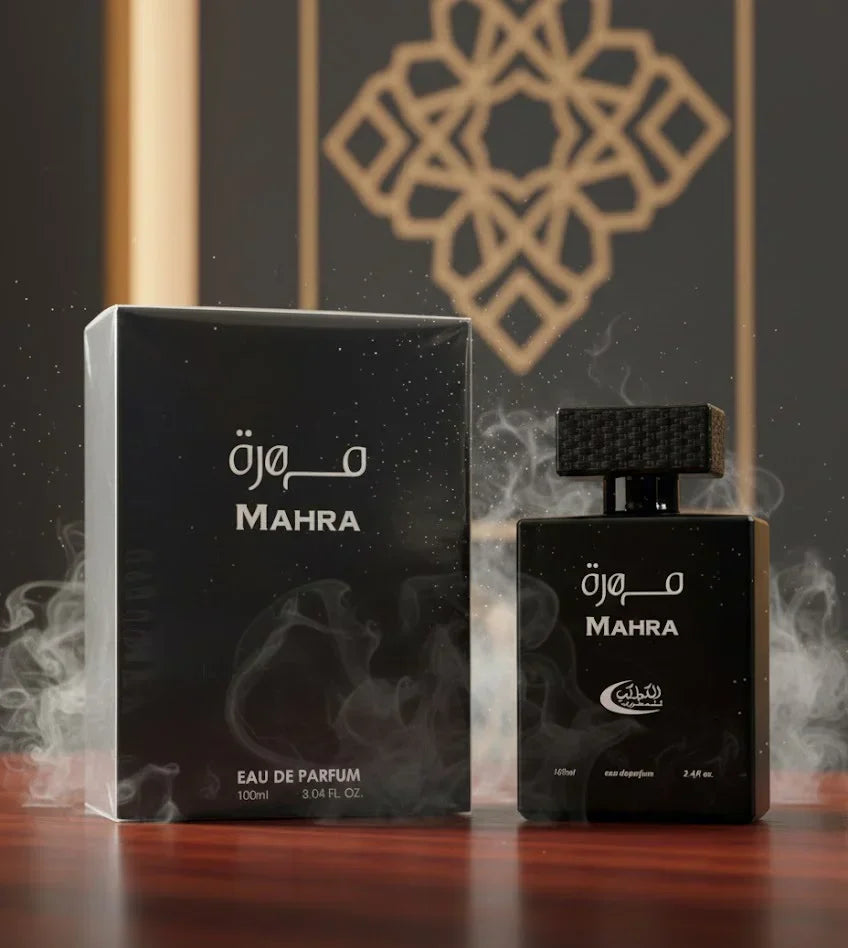 Black Mahra perfume bottle and packaging on a dark background with decorative elements.