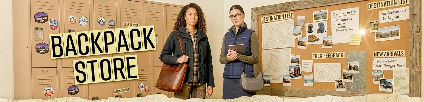 Two product experts stand in front of a locker wall and a destination corkboard in a minimalist gear shop, highlighting the curated selection of travel backpacks and accessories at Nova Mart.