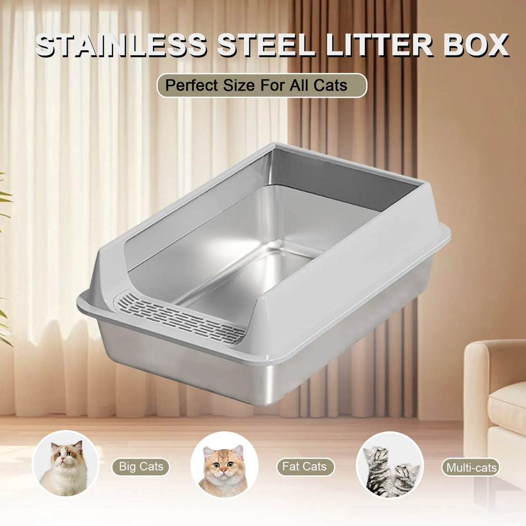 Oversized stainless steel pet litter box by Nova Mart with semi-enclosed splash-proof design and removable lid for big cats.