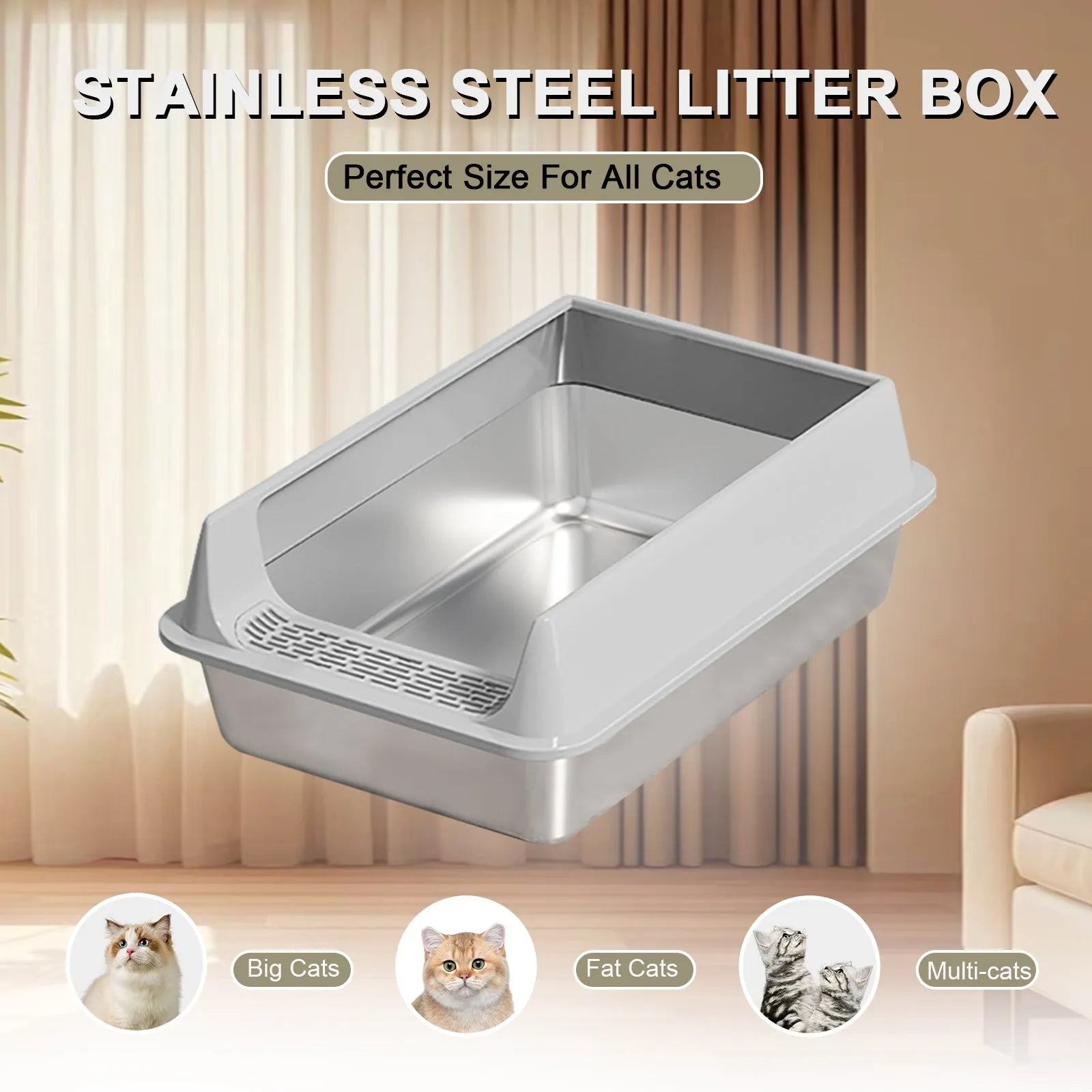 Oversized stainless steel pet litter box by Nova Mart with semi-enclosed splash-proof design and removable lid for big cats.