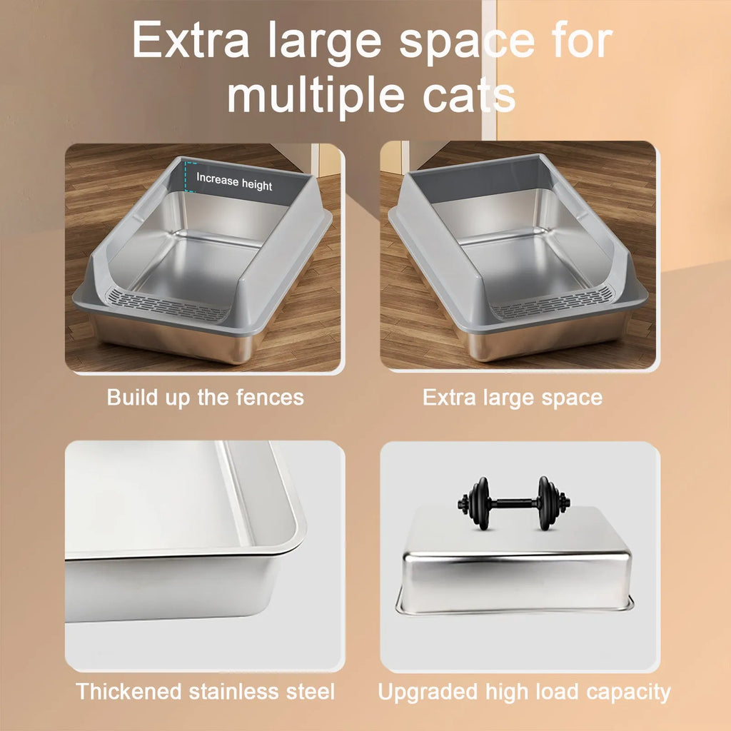 Oversized stainless steel pet litter box with semi-enclosed splash-proof design, removable lid, ideal for large cats, by Nova Mart.