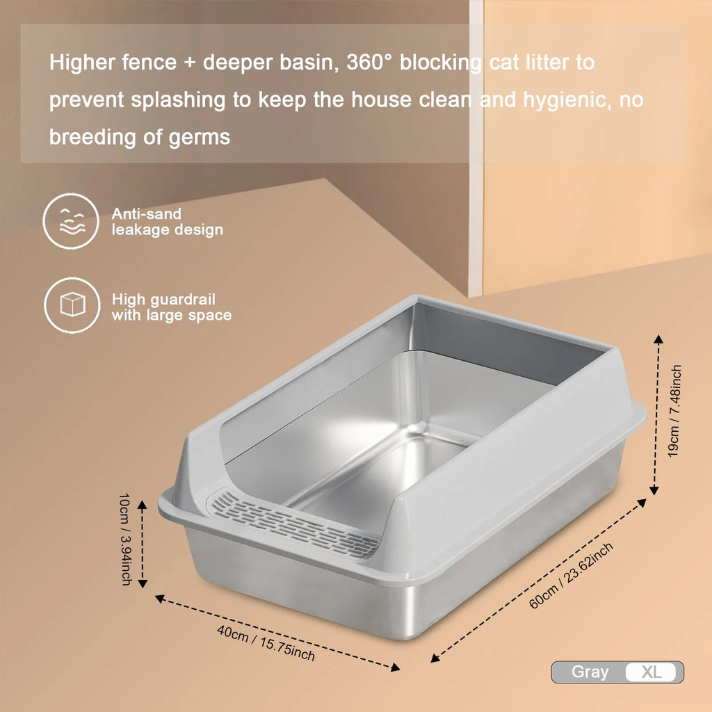 Large stainless steel oversize litter box with removable lid, splash-proof, leak-proof design, suitable for big cats, by Nova Mart