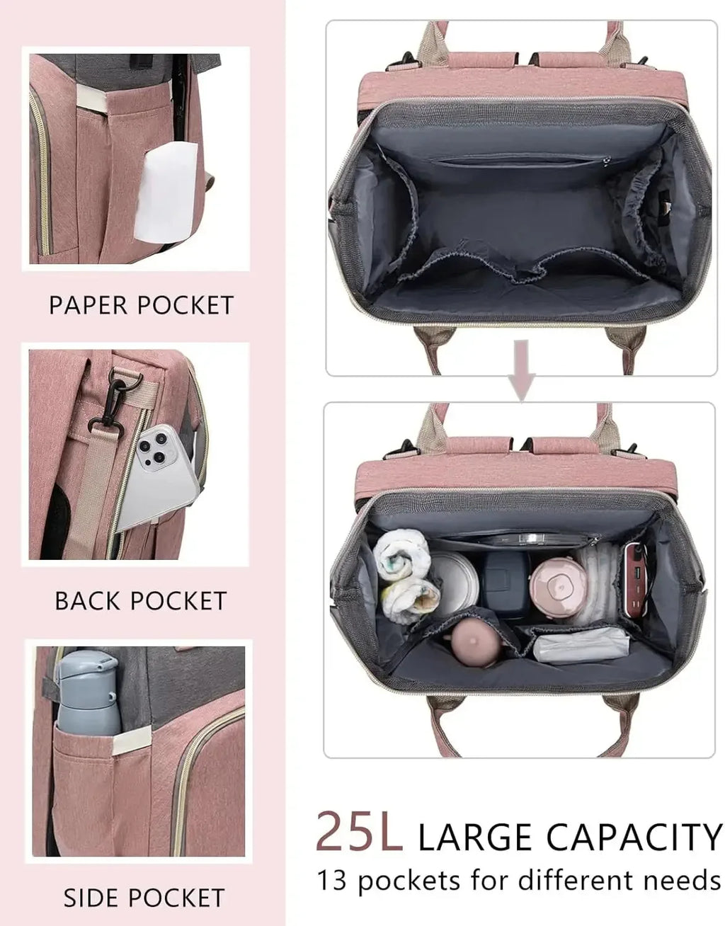 Pink Nova Mart diaper backpack with changing station, featuring multiple compartments and comfortable straps for moms and babies.