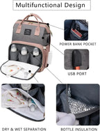 Pink Nova Mart diaper backpack with changing station, featuring multiple compartments and adjustable straps for moms.