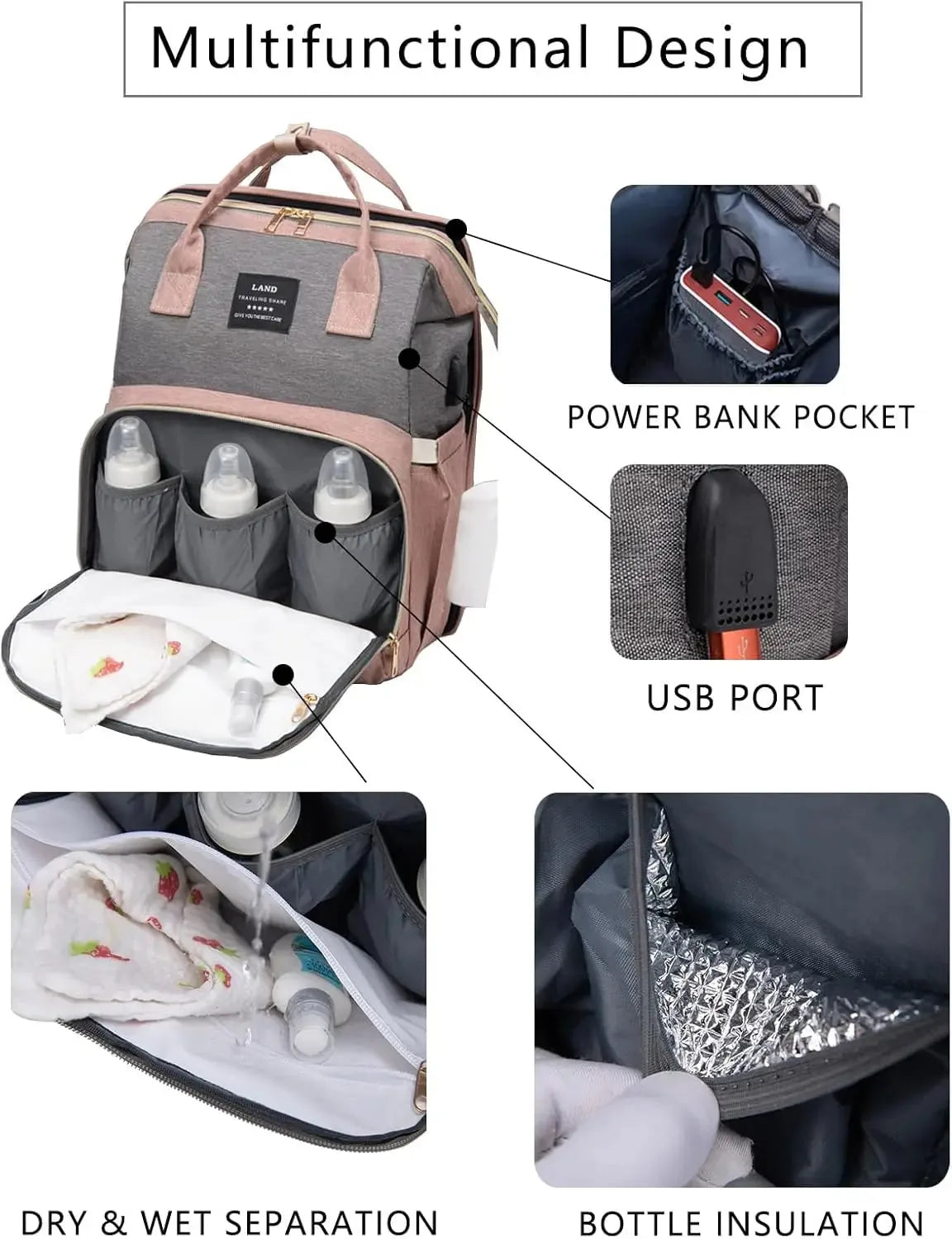 Pink Nova Mart diaper backpack with changing station, featuring multiple compartments and adjustable straps for moms.