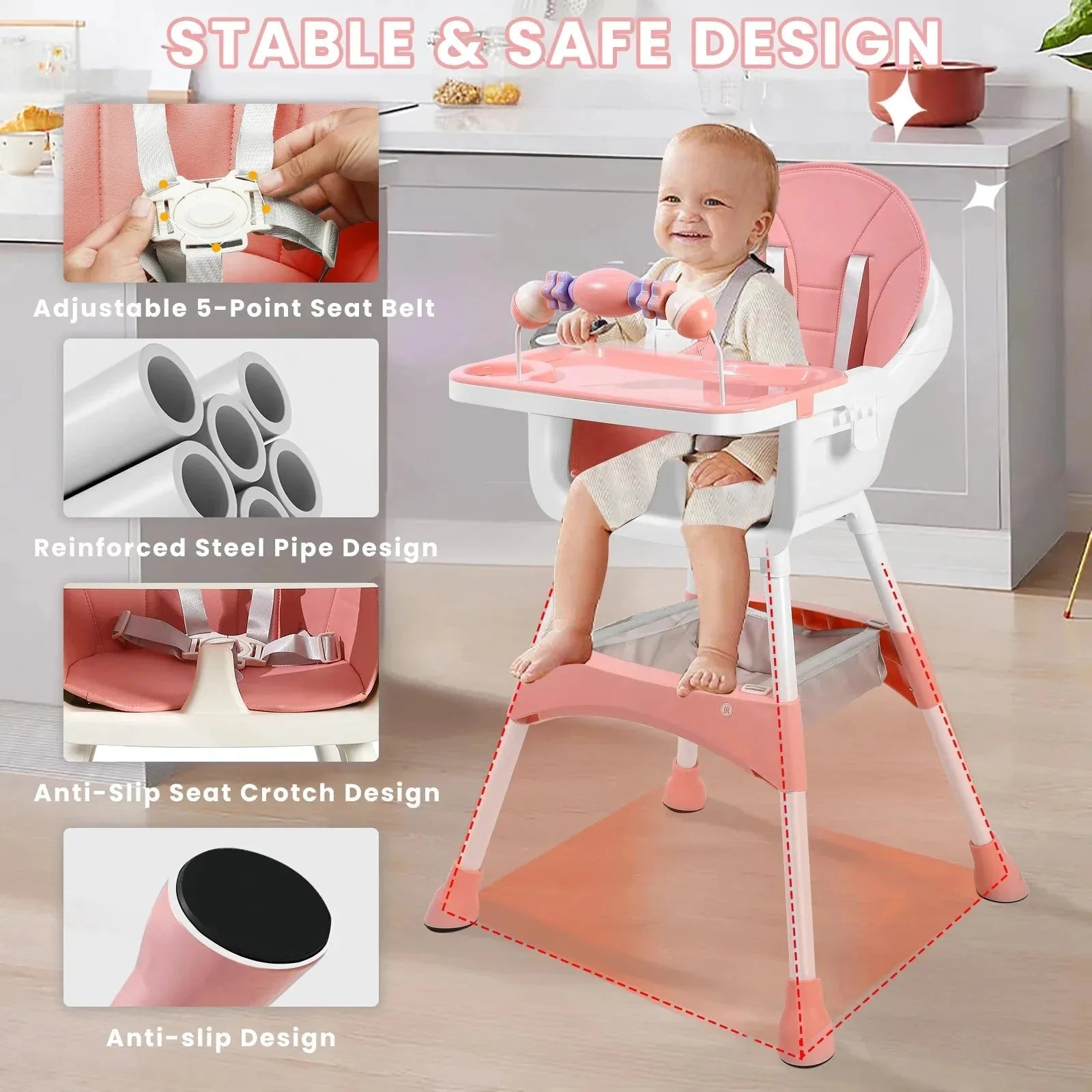 Portable Nova Mart convertible baby high chair with toy rack and double dinner plate, shown in a clean, functional design.